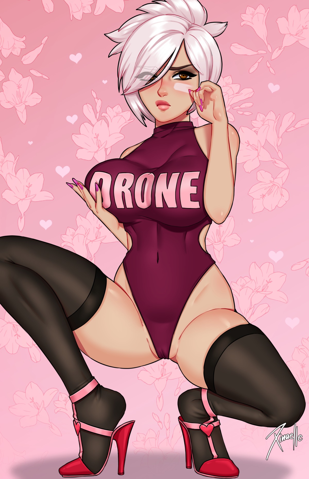 breast_grab drone embarrassed heart high_heels league_of_legends riven swimsuit thigh_highs xinaelle