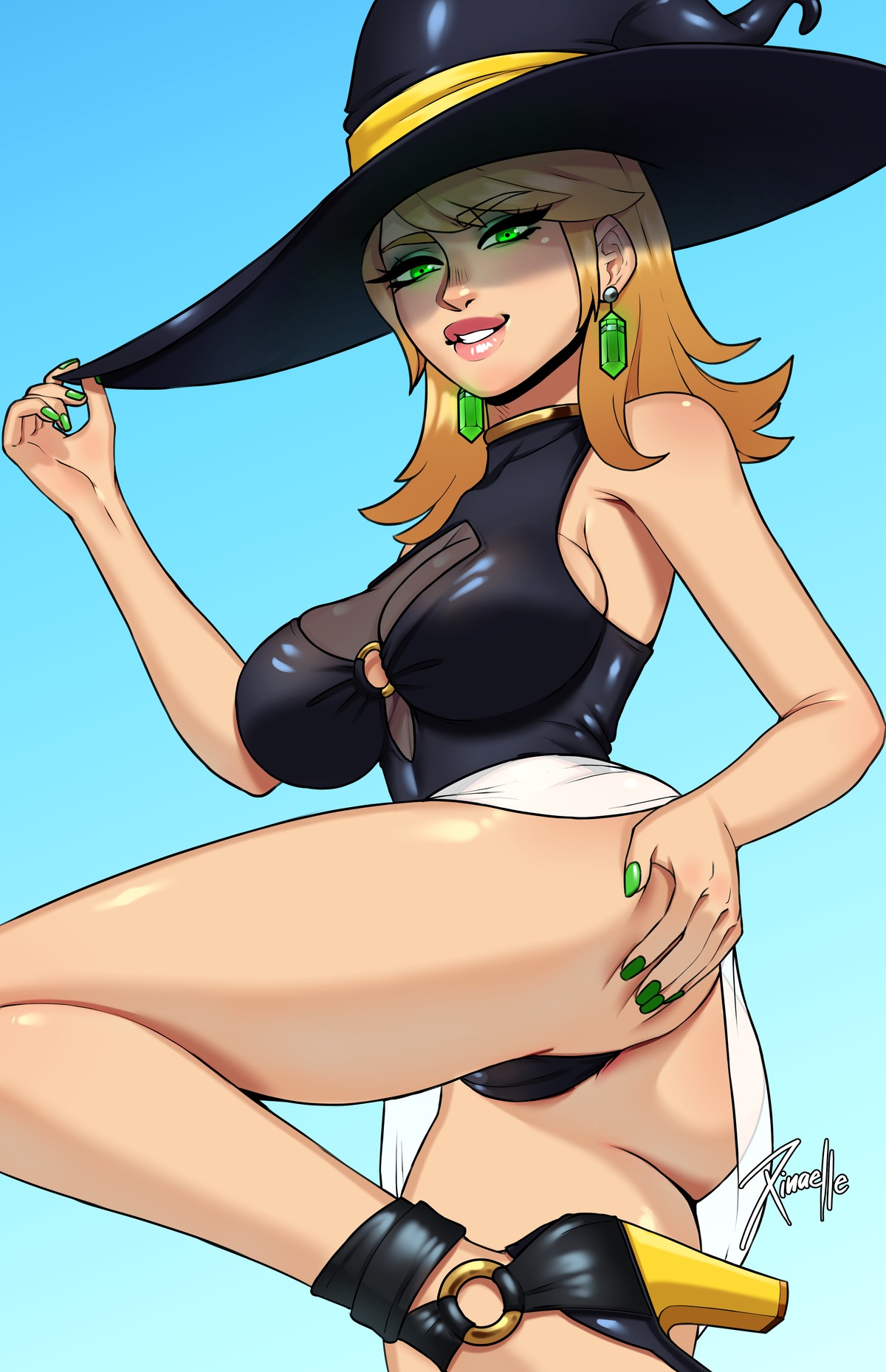 butt_grab glowing_eyes high_heels latex seraphina shiny swimsuit witch witchworld xinaelle
