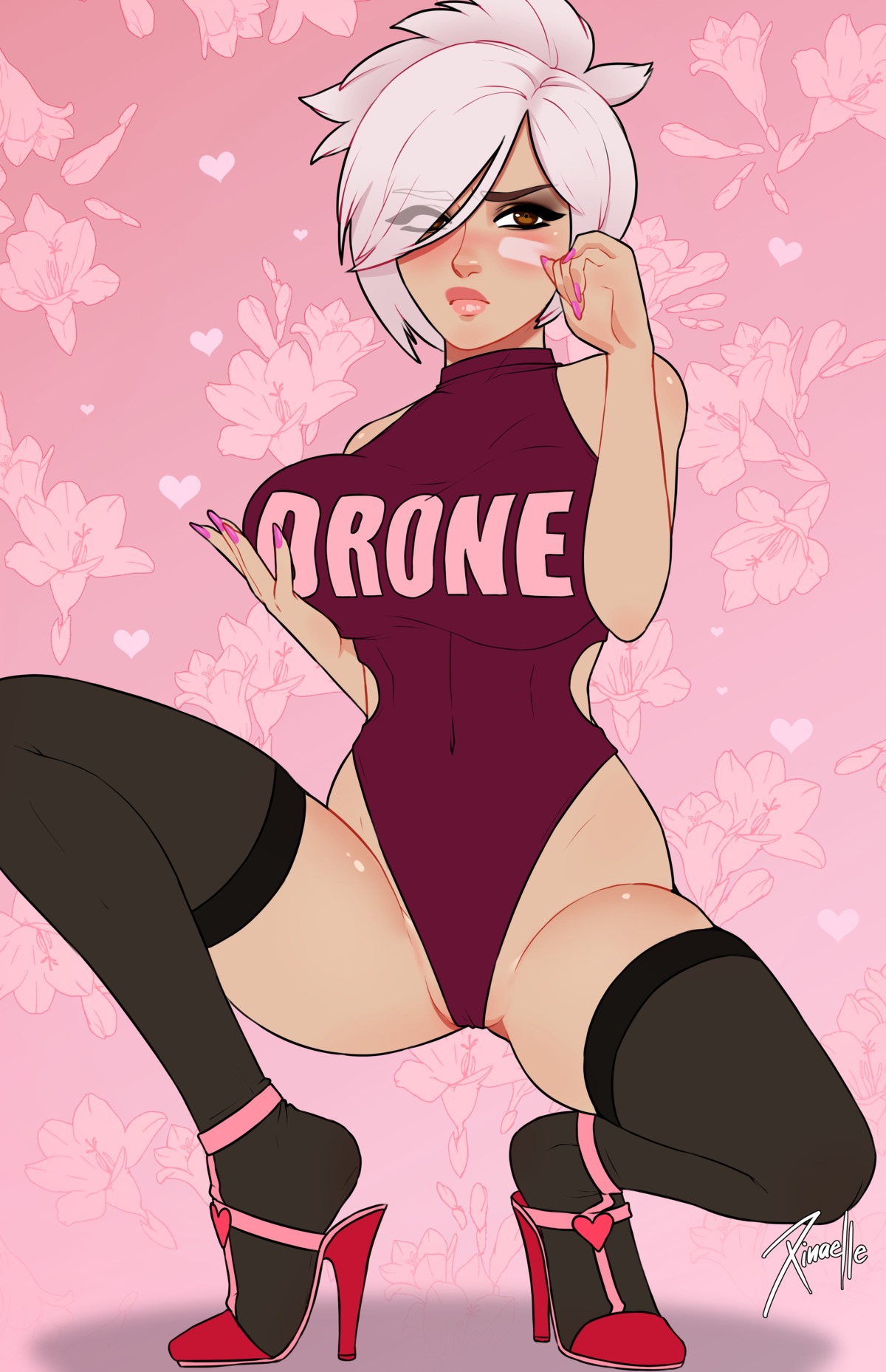 breast_grab drone embarrassed heart high_heels league_of_legends riven swimsuit thigh_highs xinaelle