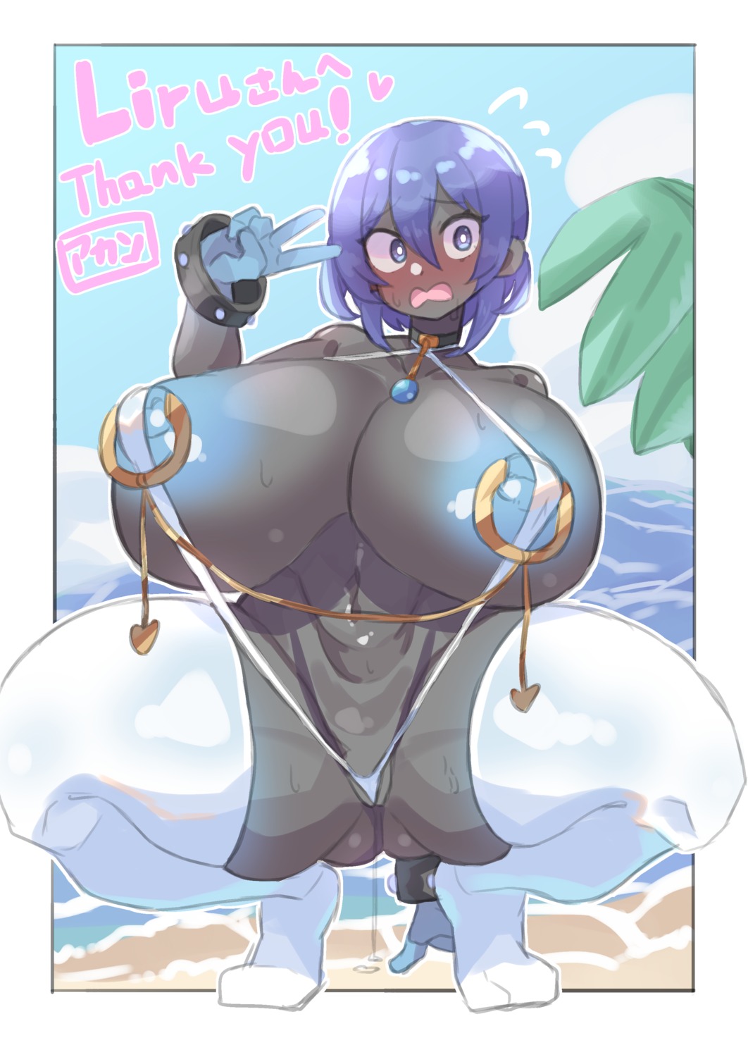 akan_mori beach cassie collar embarrassed nipple_chain nipple_piercings peace_sign skeb sling_bikini thigh_highs witchworld